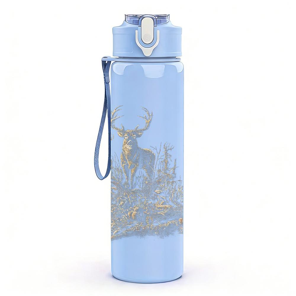 1PC Faint deer animal sketch print 750ml colorful plastic sports water bottle leakproof pop up lid with straw for outdoor work home use