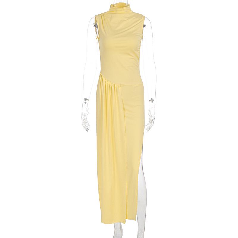 2025 Summer European & American Style Women s Ruched Ribbon Slit Dress - Slim Fit, Elegant Fashion Medium жёлтый