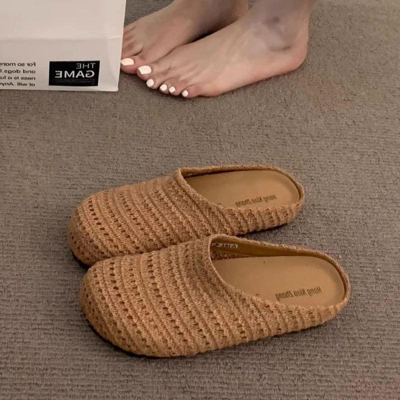 Fashion woven hollow breathable bag head half drag women's outer wear 2025 spring and summer new thick soft bottom cool slippers