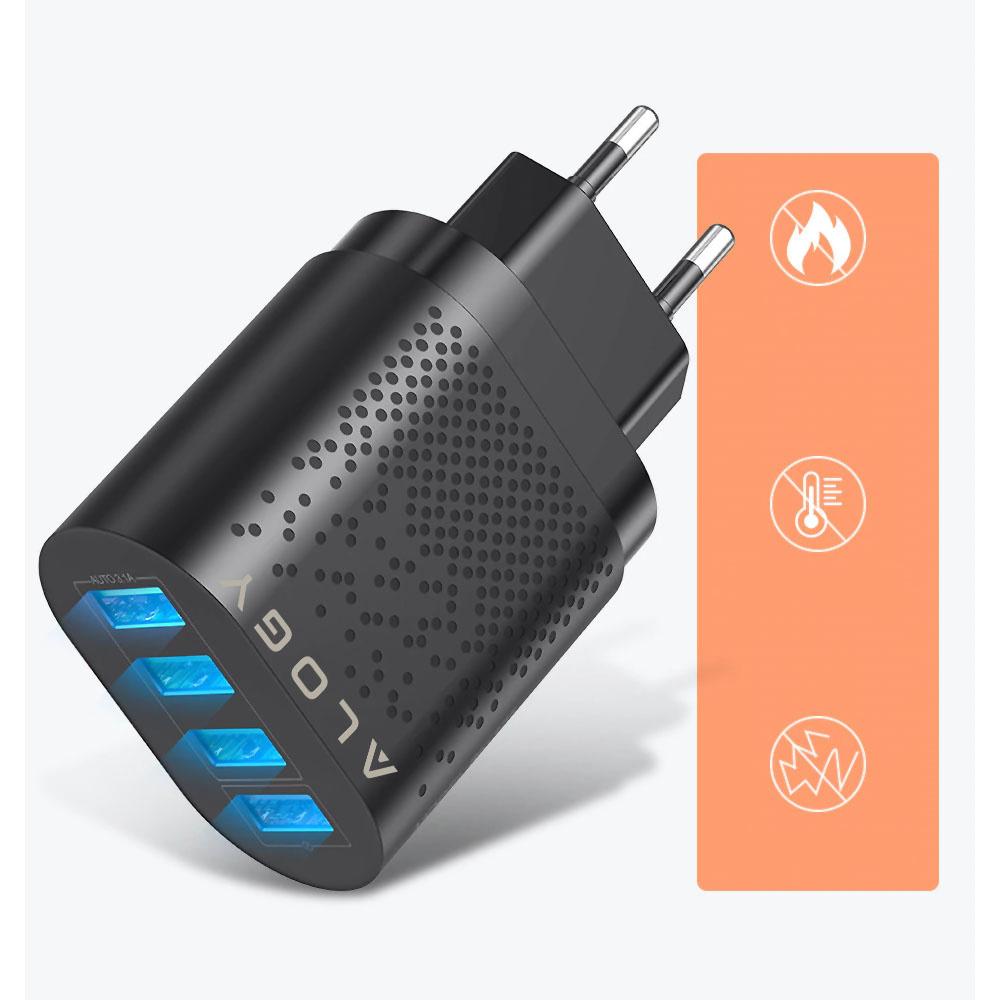 Szybka Ładowarka Sieciowa Alogy 4X Usb Quick Charge 3.0 2.4A Czarna