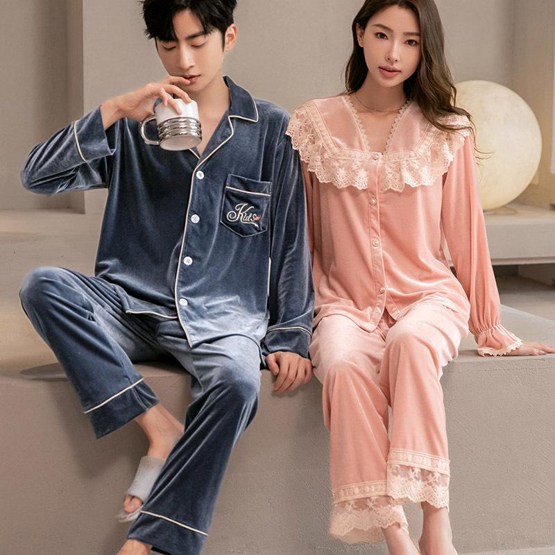 Golden Velvet Couple Pajamas: Autumn/Winter Cardigan Set, Stylish and Thin for Men and Women