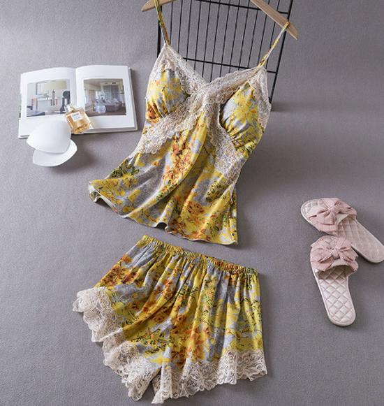 Summer Lace Camisole Nightgown with Removable Pads - Women's Sexy Ice Silk Pajamas