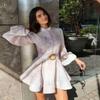 Rochie de vară roz cu imprimeu floral, cu mâneci lungi și talie marcată, pentru femei, stil european și american