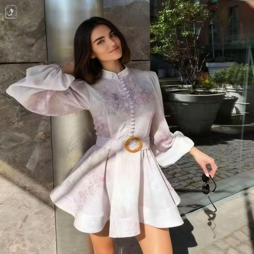 Rochie de vară roz cu imprimeu floral, cu mâneci lungi și talie marcată, pentru femei, stil european și american