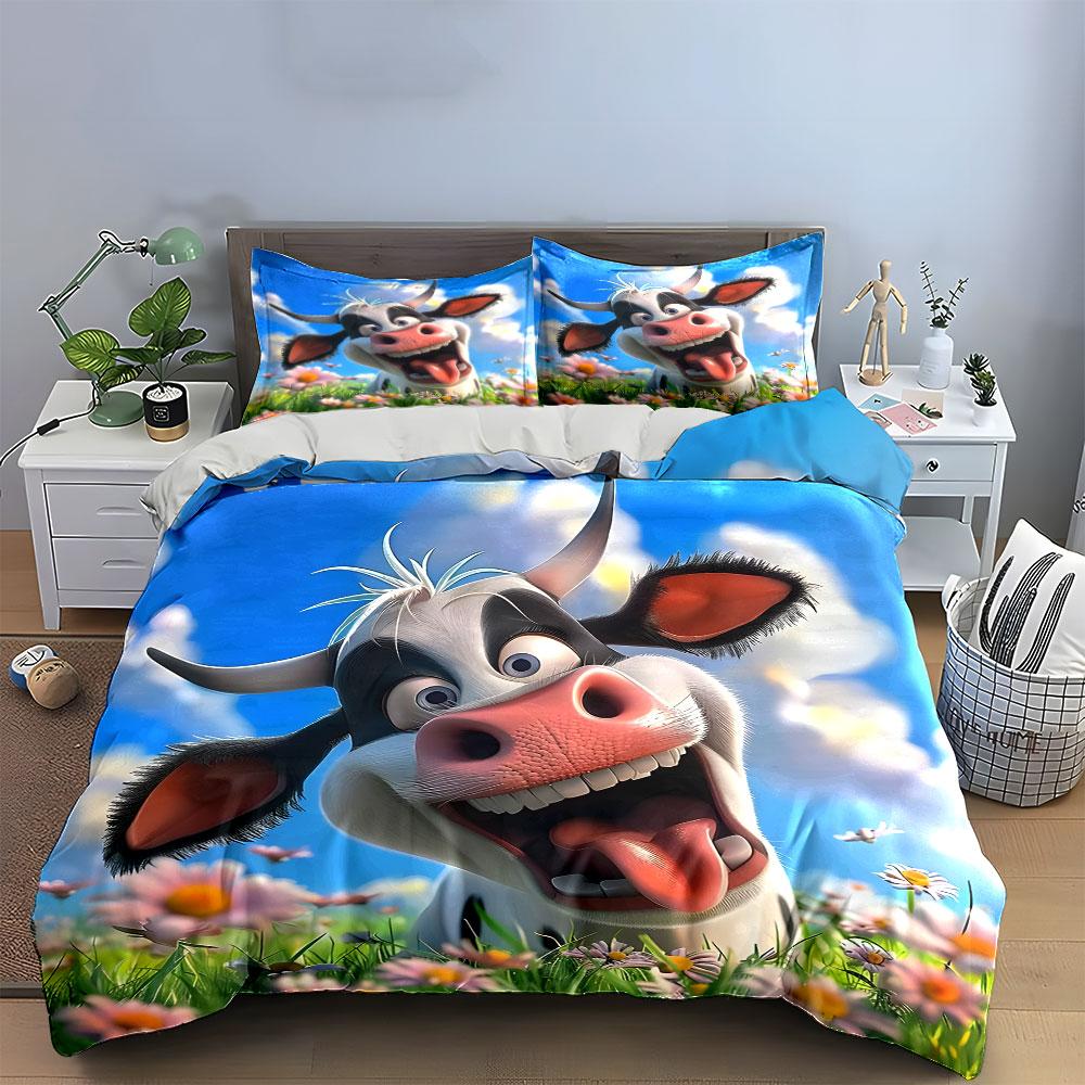 Cartoon Cow in Flower Field Bedding Duvet Cover Set  (1*Duvet Cover 2*Pillowcases, without duvet insert)