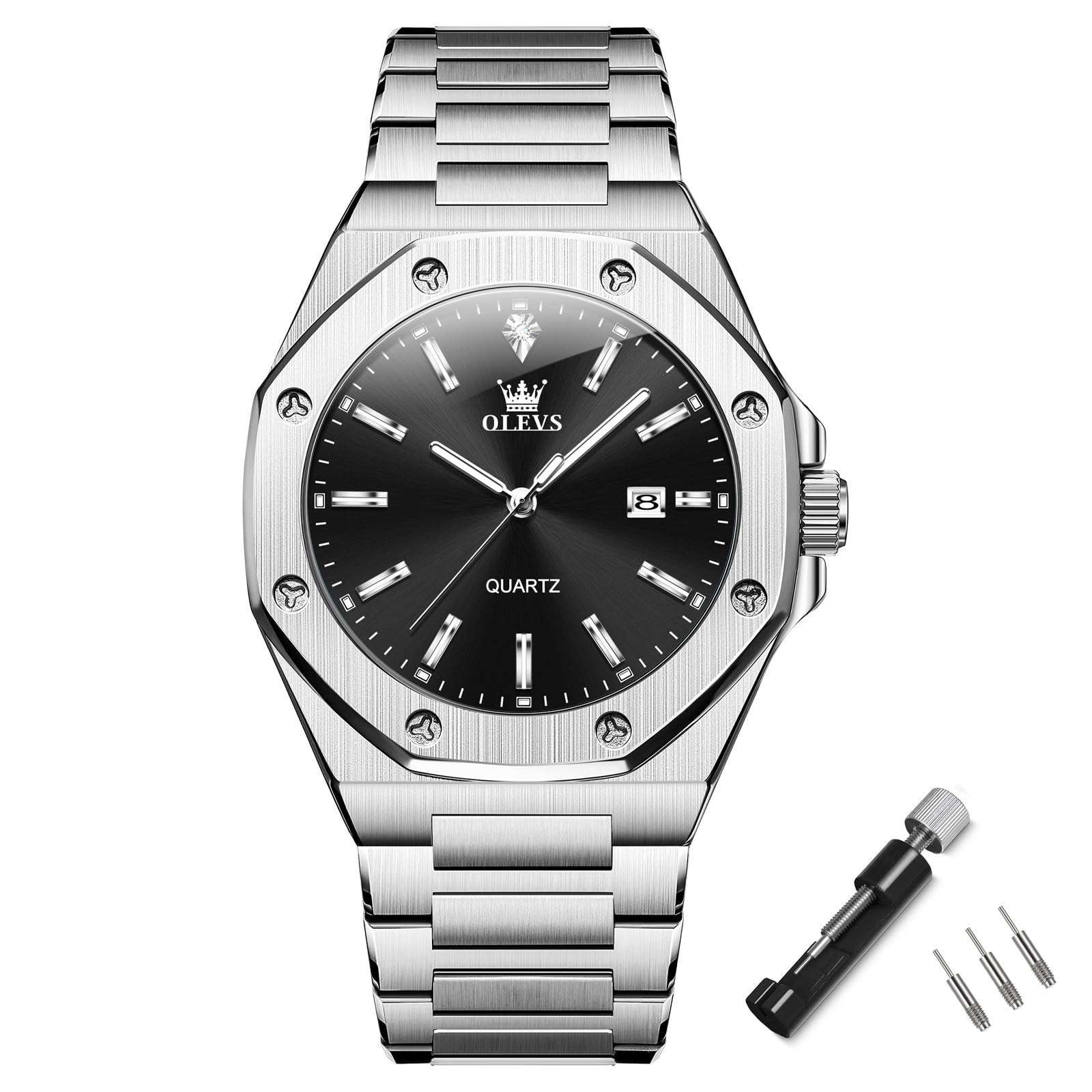 

Olevs Octagonal Analog Dress Stainless Date Job Large Easy to Gift Men s Watch, Silver, Popular, Waterproof, Quartz, Watch, Business, Stylish, Steel,
