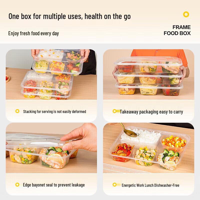 Temeiju Disposable 5-Compartment Rectangular Takeout Meal Box with Lid (150-Pack)