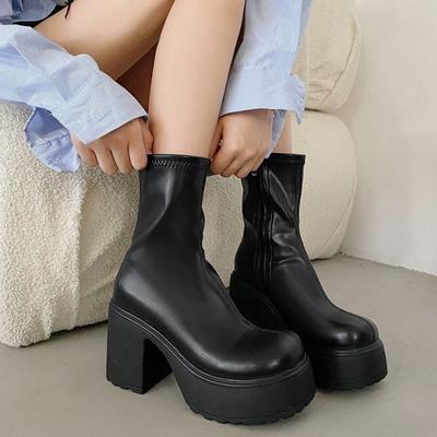 Nieuwe Chunky Platform Enkellaarsjes Dames Vintage Grote Teen Hoge Hakken Korte Laarsjes Vrouw Rits Dikke Hak Pu Leer Botas De Mujer