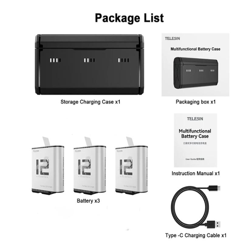 TELESIN For GoPro Hero 12 11 10 9 Endurence Battery 3 Slots TF Card Battery Charger Box 1750 mAh Battery Storage Charger Case