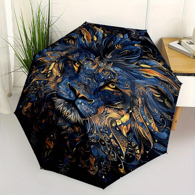 1pc Blue and Gold Ornate Lion Portrait Automatic Opening and Closing Umbrella - Suitable for Various Occasions, Outdoor Activities, Lightweight and Du