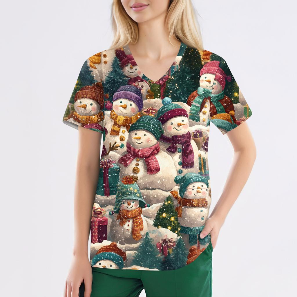 Women's Fashion V-Neck Short Sleeve Overalls With Pockets Print Tops Clothes