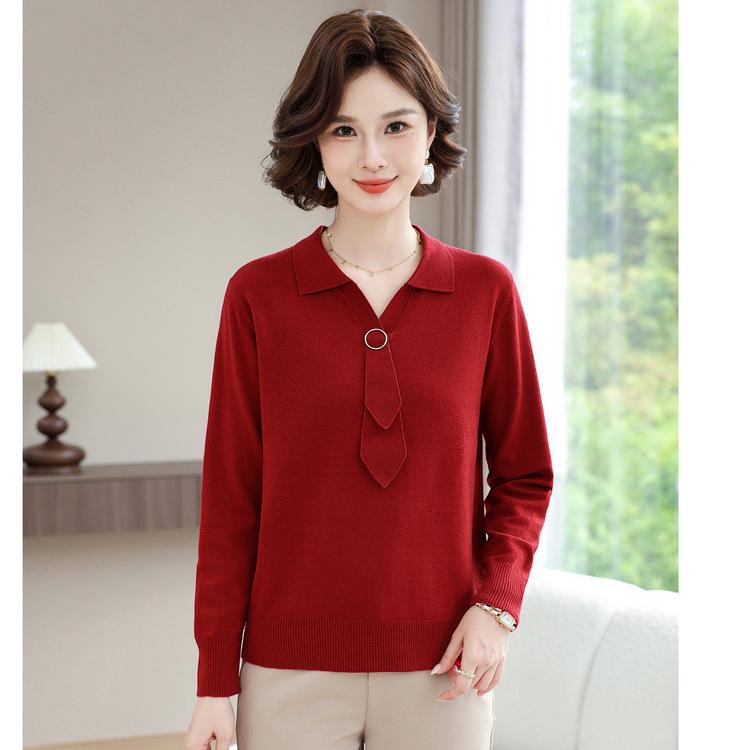 Middle-aged and Elderly Women's Spring and Autumn Knitted Base Shirt Mother's Spring Sweater Fashionable Top Wedding Banquet