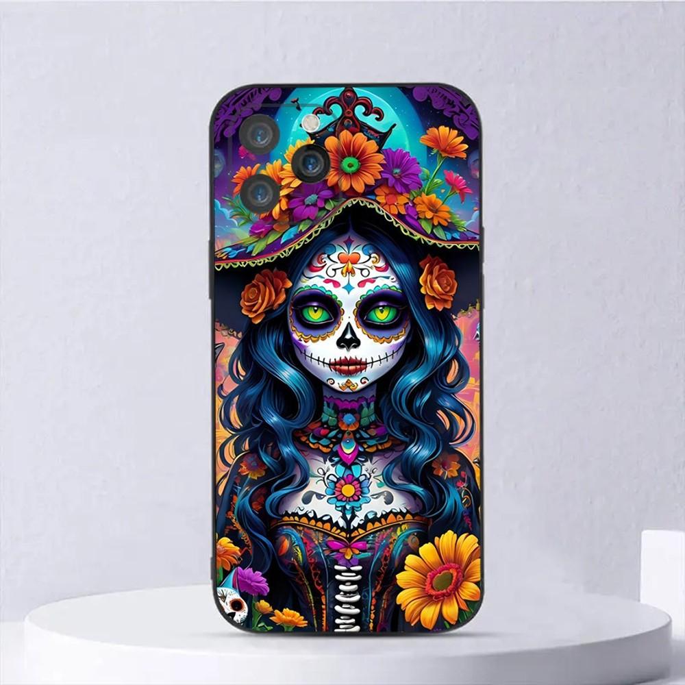 

Mexican Catrina Skull Phone Case For iPhone 15,14,13,12,11,Plus,Pro Max,XS,X,XR,SE,Mini,8,7 Soft Silicone Black Cover iPhone13mini