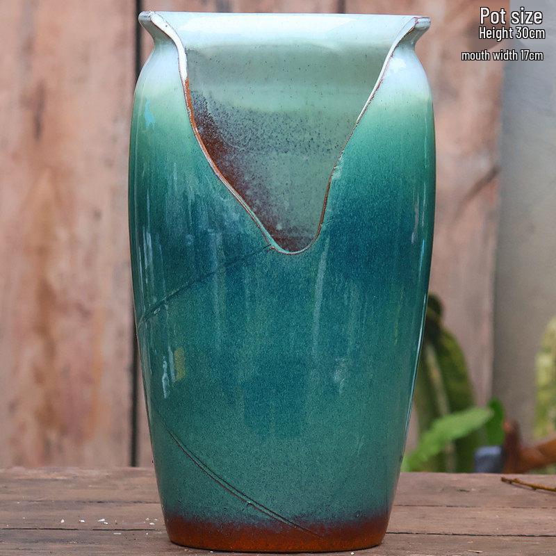 Handmade Coarse Pottery Wide-Mouth Flower Pot - Ceramic Zisha Succulent Planter with Rustic Cut-Edge Design for Chlorophytum