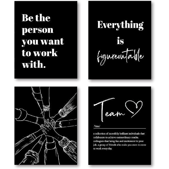 XWELLDAN Be The Person You Want to Work With Team Work Wall Art Decor, Motivational Office Artwork, 8x10 Unframed Set of 4 (Blue)