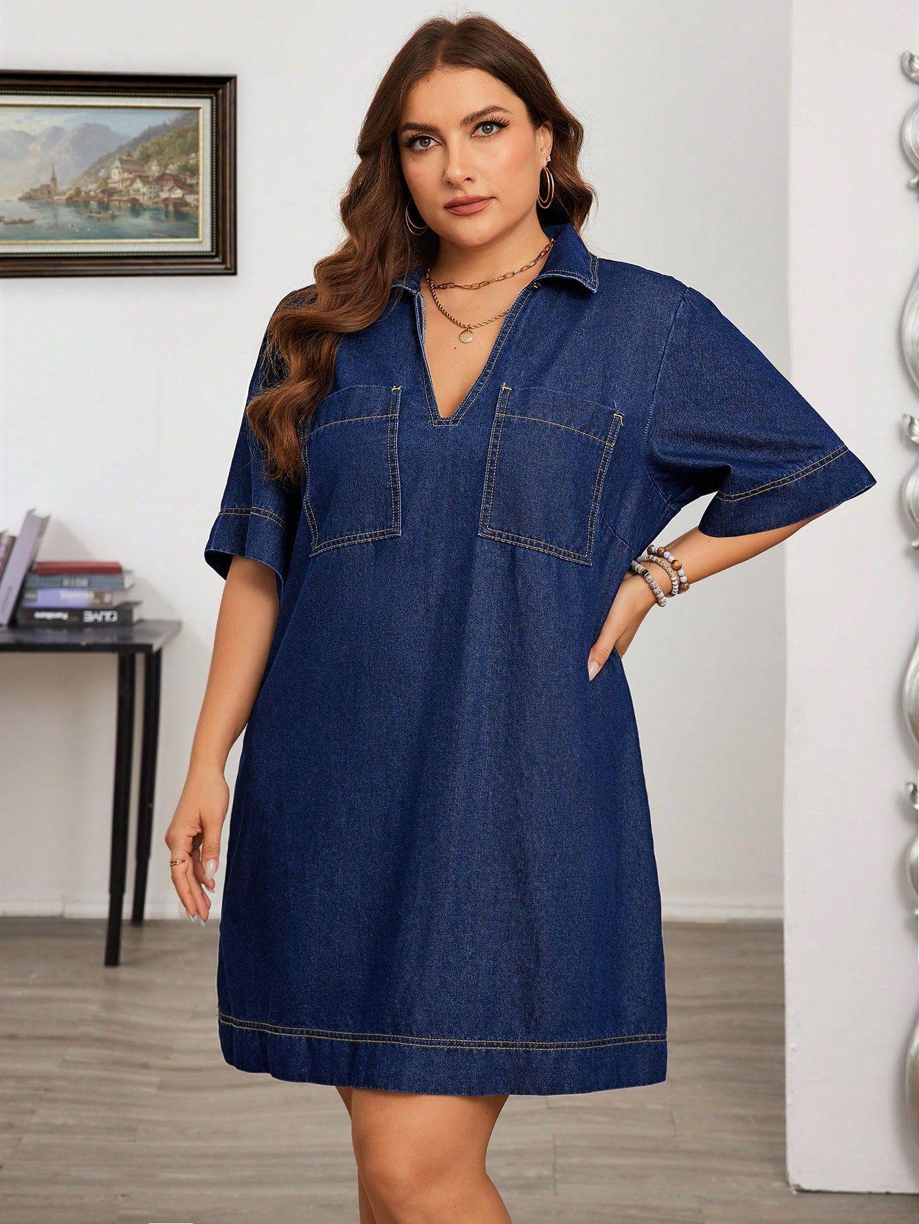 Elegant Plus Size V-neck Wide-brimmed Denim Dress for Women S