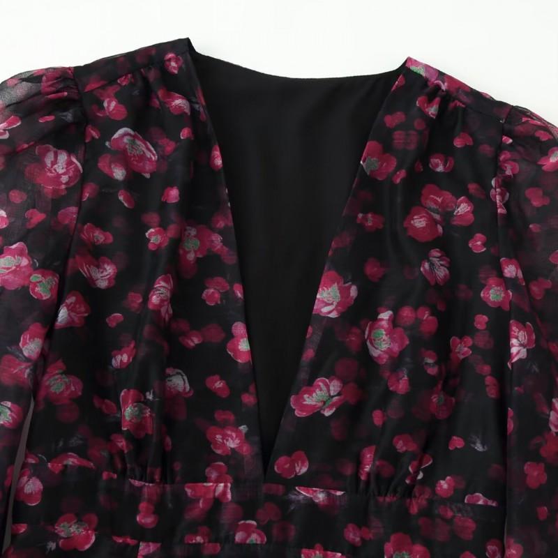 Womens V-Neck Floral Print Ruffle Dress 2026 Loose Fit Long Sleeve Mid-Length