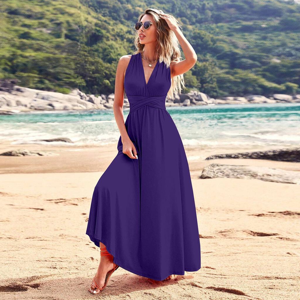 Women's Fashion Summer Backless V-neck Sleeveless Strappy Solid Color Dress