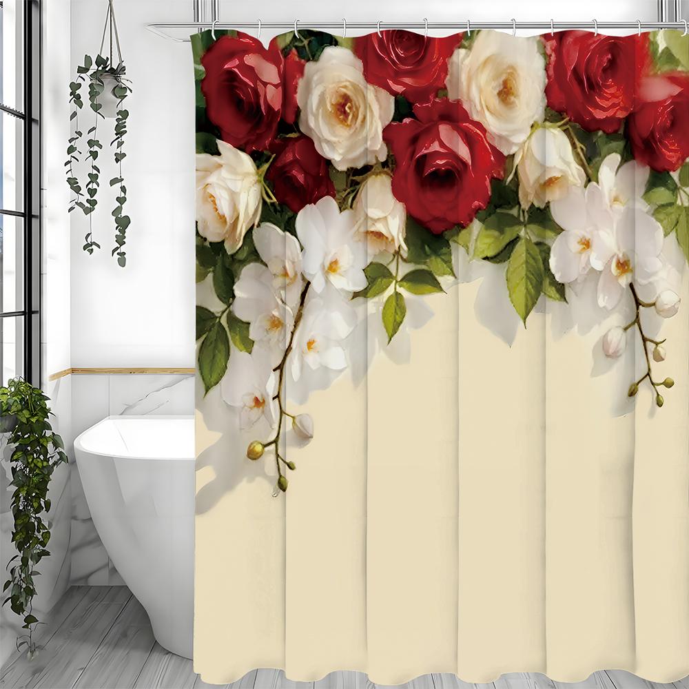 Rose Flower Botanical Shower Curtain, Bathroom Decorative Shower Curtain, Waterproof Shower Curtain with Hooks