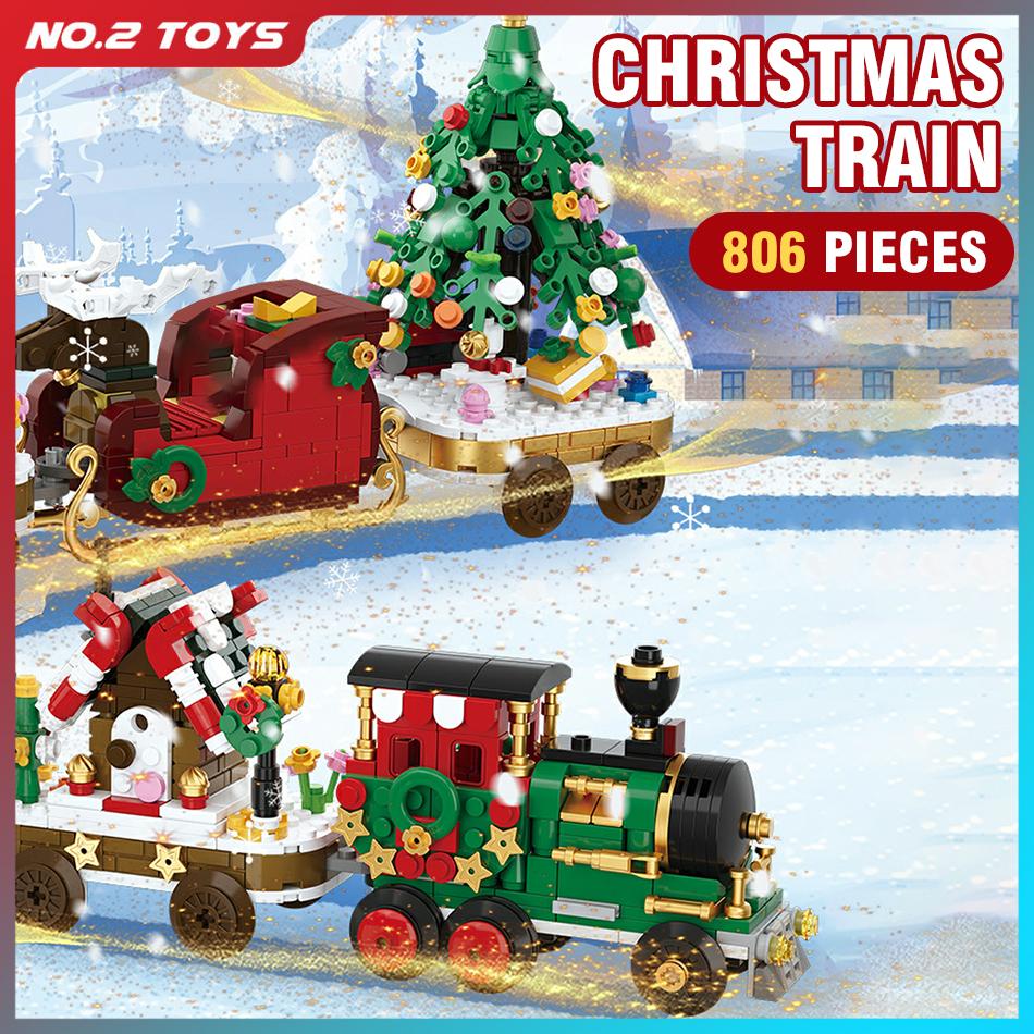 Christmas Train Building Blocks DIY Bricks Toys Santa Claus Sleigh Carriage Christmas Tree Assembly Model Blocks Kids Xmas Gifts