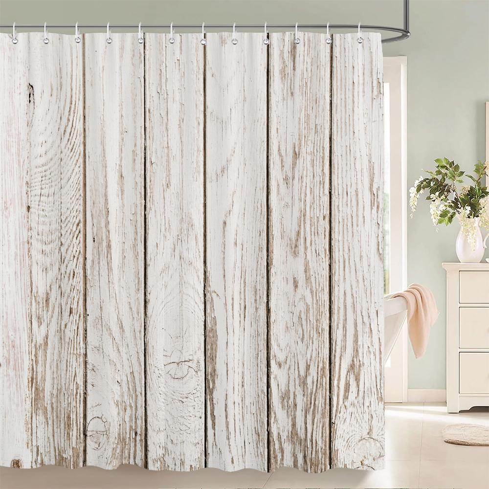 1Pcs Imitation Wood Grain Printed Fabric Waterproof Shower Curtain, Stripe Pattern Bathroom Decoration Curtain, With Hooks