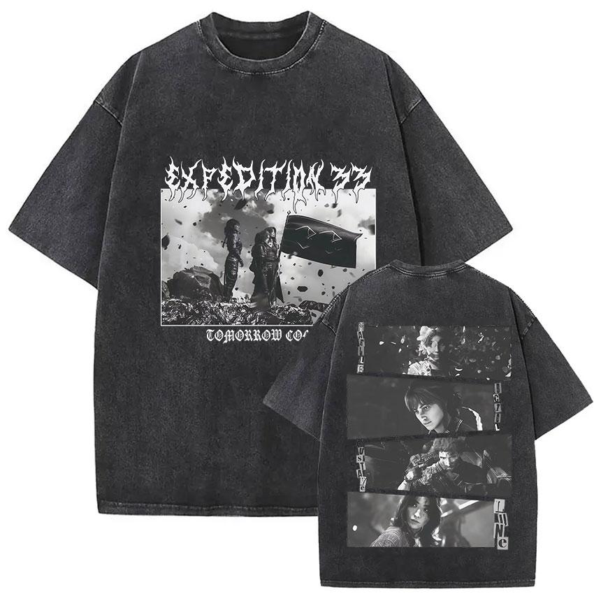 Esquie Clair Obscur Expedition 33 Vintage Washed Graphic T Shirts Men Gothic Classic Punk Short Sleeve Tshirt Unisex Streetwear