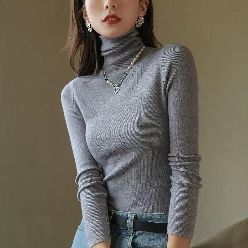 2024 Women's Versatile Slimming Turtleneck Knit Top - Semi-High Neck, Long Sleeve for Spring, Autumn, Winter.
