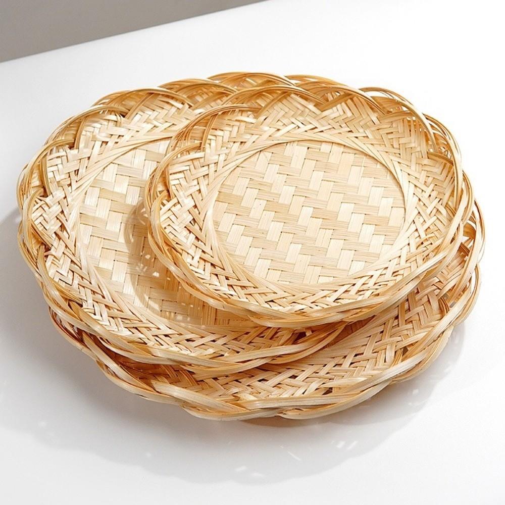 Scalloped Edge Woven Bamboo Tray Round Fruit Snack Serving Tray Bamboo Woven Basket Fruit Serving