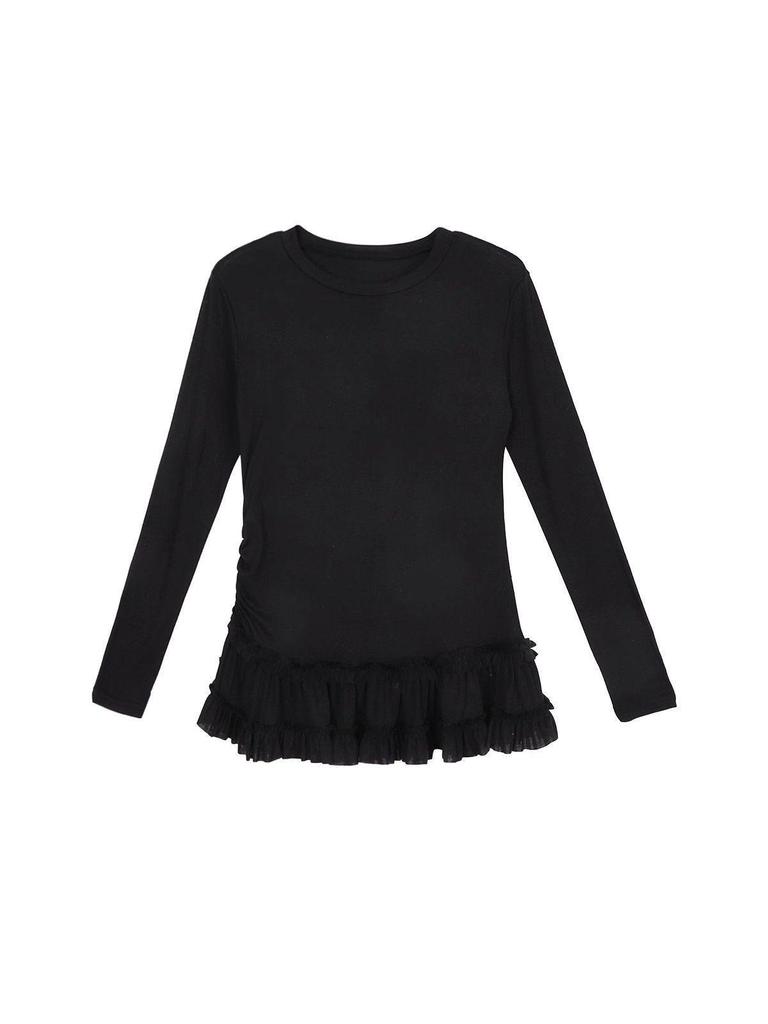 Women's Ballet Style Long Sleeve Lace Hem T-Shirt for Autumn/Winter - Chic Slim Fit Base Layer Top