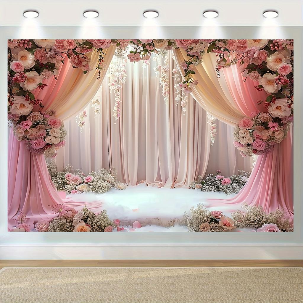 Rideaux de fond floraux roses romantiques en polyester, décorations de photobooth pour enterrements de vie de jeune fille, rendez-vous et mariages.