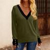 Women's Fashion Plus V-neck Button Up Long Sleeved Color Blocked Pullover T-shirt Top