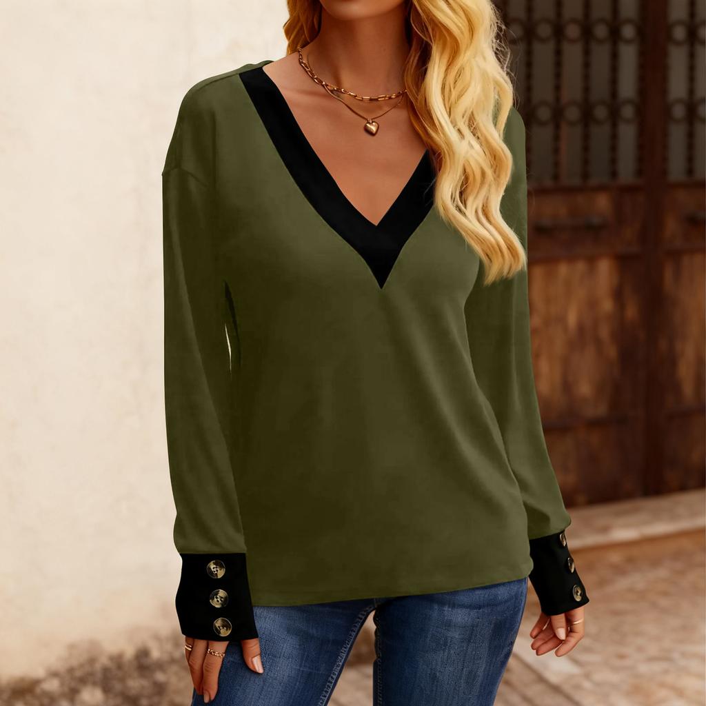 Women's Fashion Plus V-neck Button Up Long Sleeved Color Blocked Pullover T-shirt Top