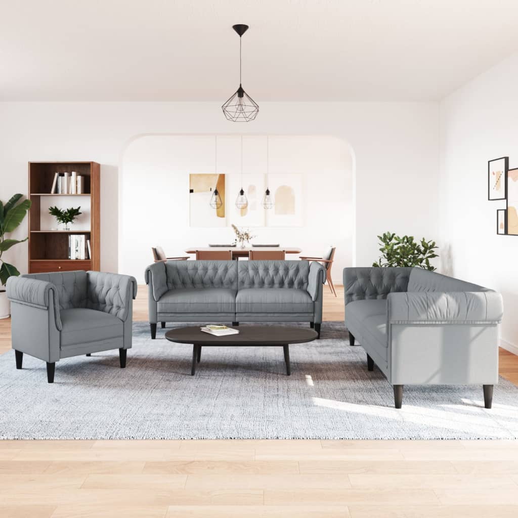 Vidaxl 3-Cz. Living Room Set, Light Grey, Upholstered In Fabric
