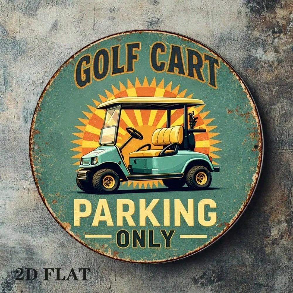 1pc Retro Golf Cart Parking Vintage Round Metal Plaque English Wall Decor For Garage Bar Club