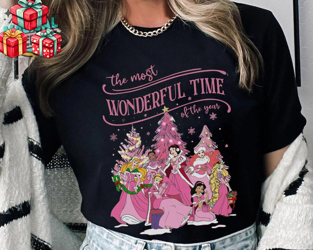 Retro Disney Princess Characters Pink Christmas TShirt Oversized Pure Cotton Short Sleeve Unisex Oversized Loose Casual