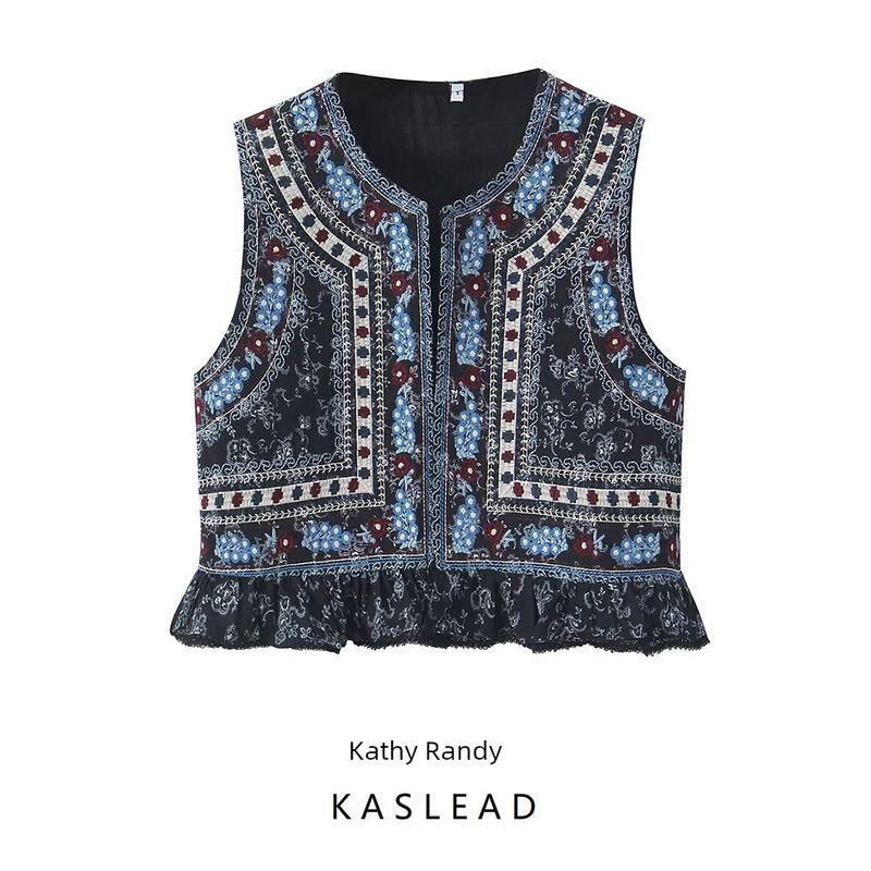 Kaslead New Arrival Women's Clothing Fashion Style Minimalist Retro Machine Embroidery Flounce Ethnic Style Vest