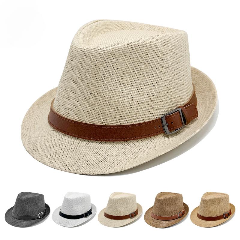 Straw Woven Sun Hat Vacation Jazz Hat Short Brim Men and Women Beach Hat Belt Buckle Top Hat Trendy Cool Hat