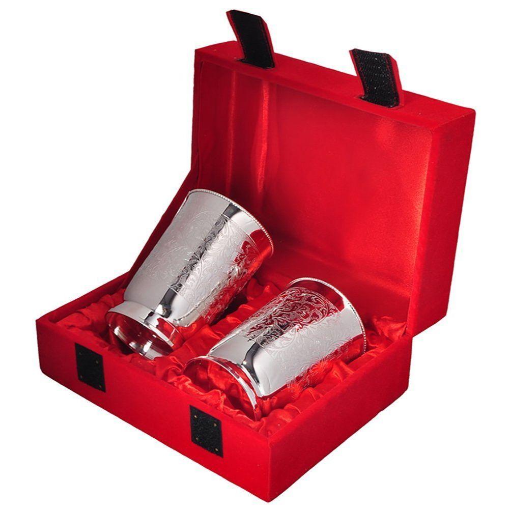 Silver Plated Embossed Glass Tumbler Water Glass for Drinking Water | Pack of 2 | Royal Look Red Velvet Box | Best for Gifting In Any Occasion