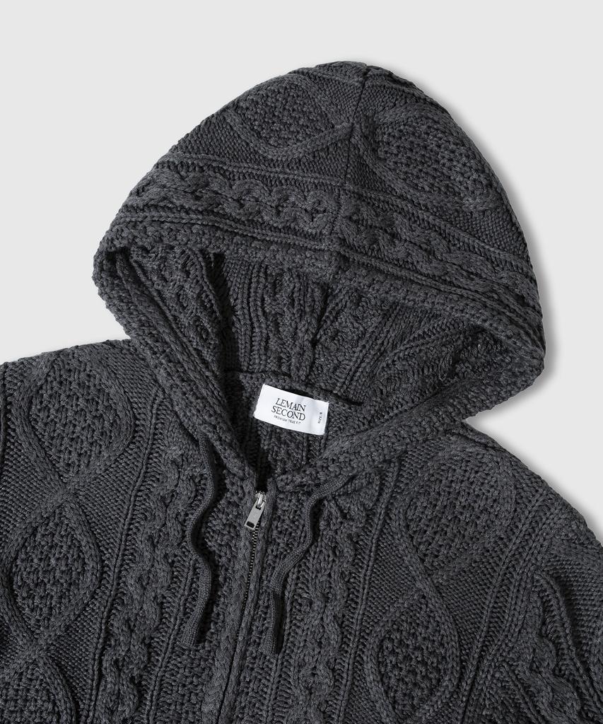 Lemain Second 2Way_Aran Washable Oversized Cable Hooded Zip-Up Knit [Charcoal]