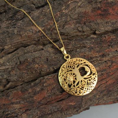 Yellow Gold Plated Tree Of Life Sun & Moon Pendant With Chain 925 Sterling Silver Charm Jewelry