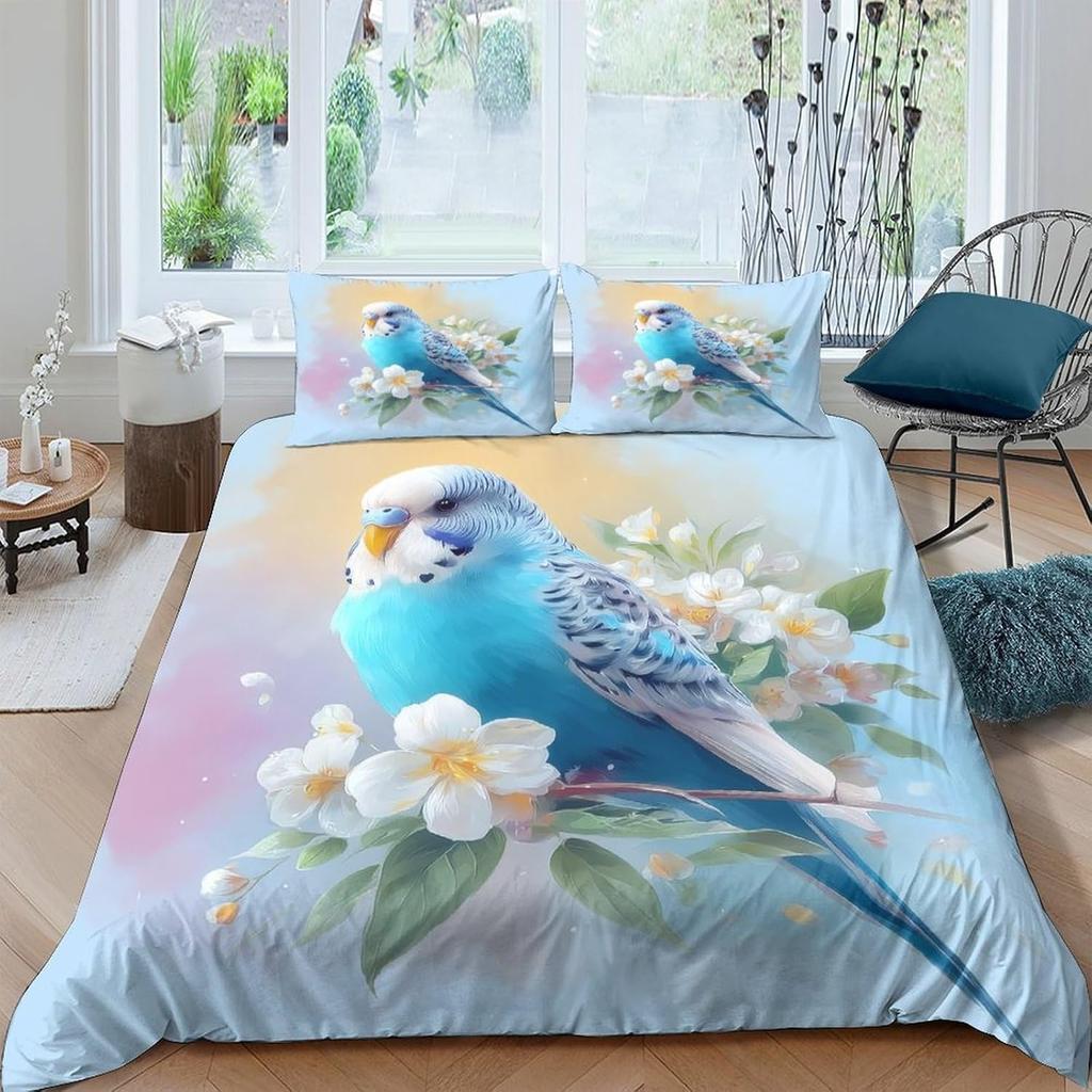 3D Design Printed 3PCs Bedding Set Blue Parrot Comforter Cover Home Decor Hidden Zipper, Soft Breathable for Teens,Boys,Girls