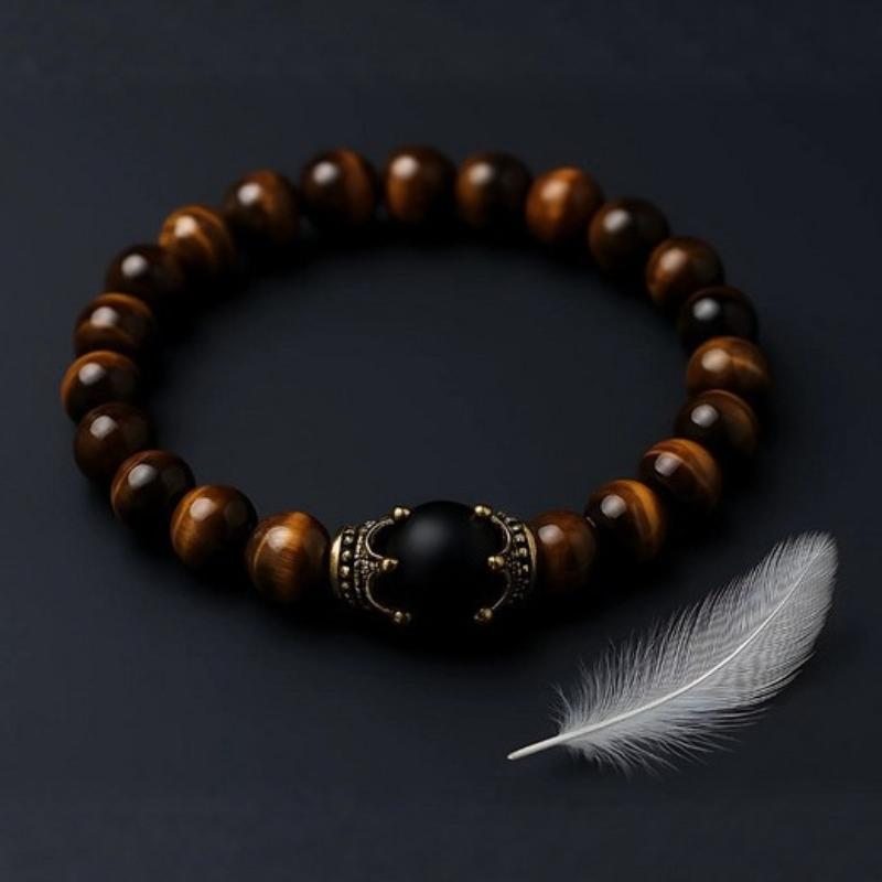 Men'S Stylish Natural Stone Bracelet Vintage Crown Symbol Of Power Hematite Beads Gift For Friends Natural Tiger Eye Beads