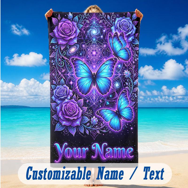 Butterfly Theme Beach Towel Personalized Custom Name & Text Soft Quick Dry Beach Towel for Swimming Travel