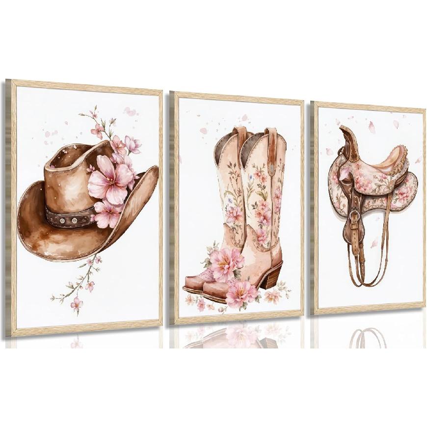 Tertiosh 3Pcs Western Cowgirl Wall Art Retro Western Flower Boots Hats Wall Decoration Pictures Girls Room Paintings Artwork Preppy Prints for Living