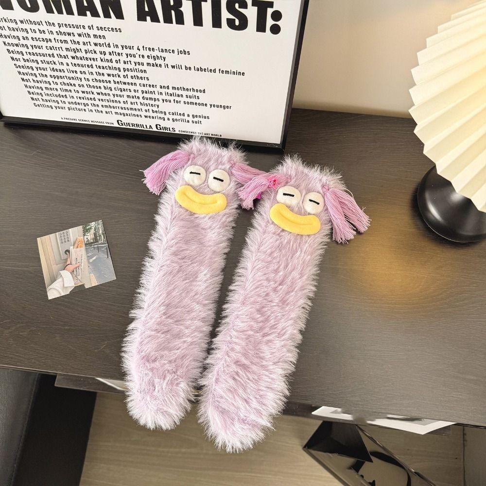 Chaussettes montantes drôles de dessin animé Chaussettes en polaire corail pelucheux Chaussettes pelucheuses Kawaii Fille