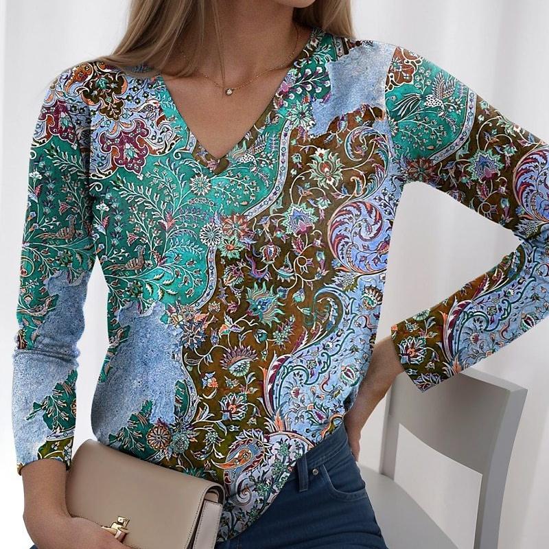 Spring and Autumn V-neck 3D Paisley Printed Top Fashionable Casual Long Sleeved Women's T-shirts