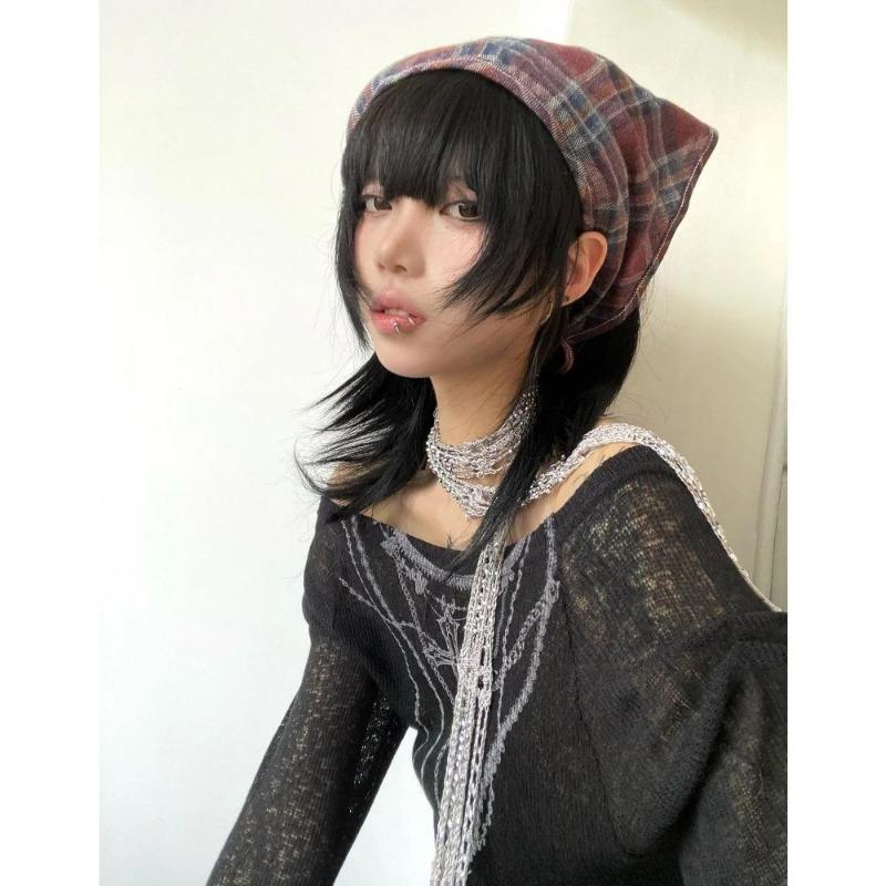 2KWEIRD Japanese Y2k Knitted Tops Grunge Tattoo Print Long Sleeve T-shirt Ribbed Vintage Harajuku Shirring Knitwear 2000s Gothic
