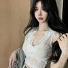 Cotton pit strip + lace, French pure desire style Spice Girl V-neck long-sleeved cardigan with lace stacked inside two-piece set