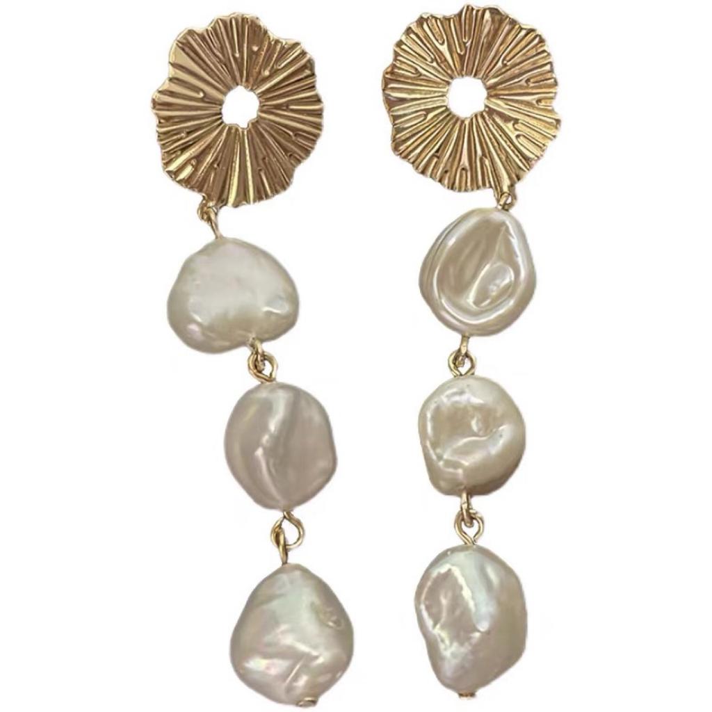 New natural keshi freshwater pearl earrings women's French retro irregular broken silver temperament long stud earrings