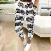 Women Plus Size Printed Jogger Pants Dark Navy Gold Pattern Drawstring Waist Side Pockets Cuffed Ankle